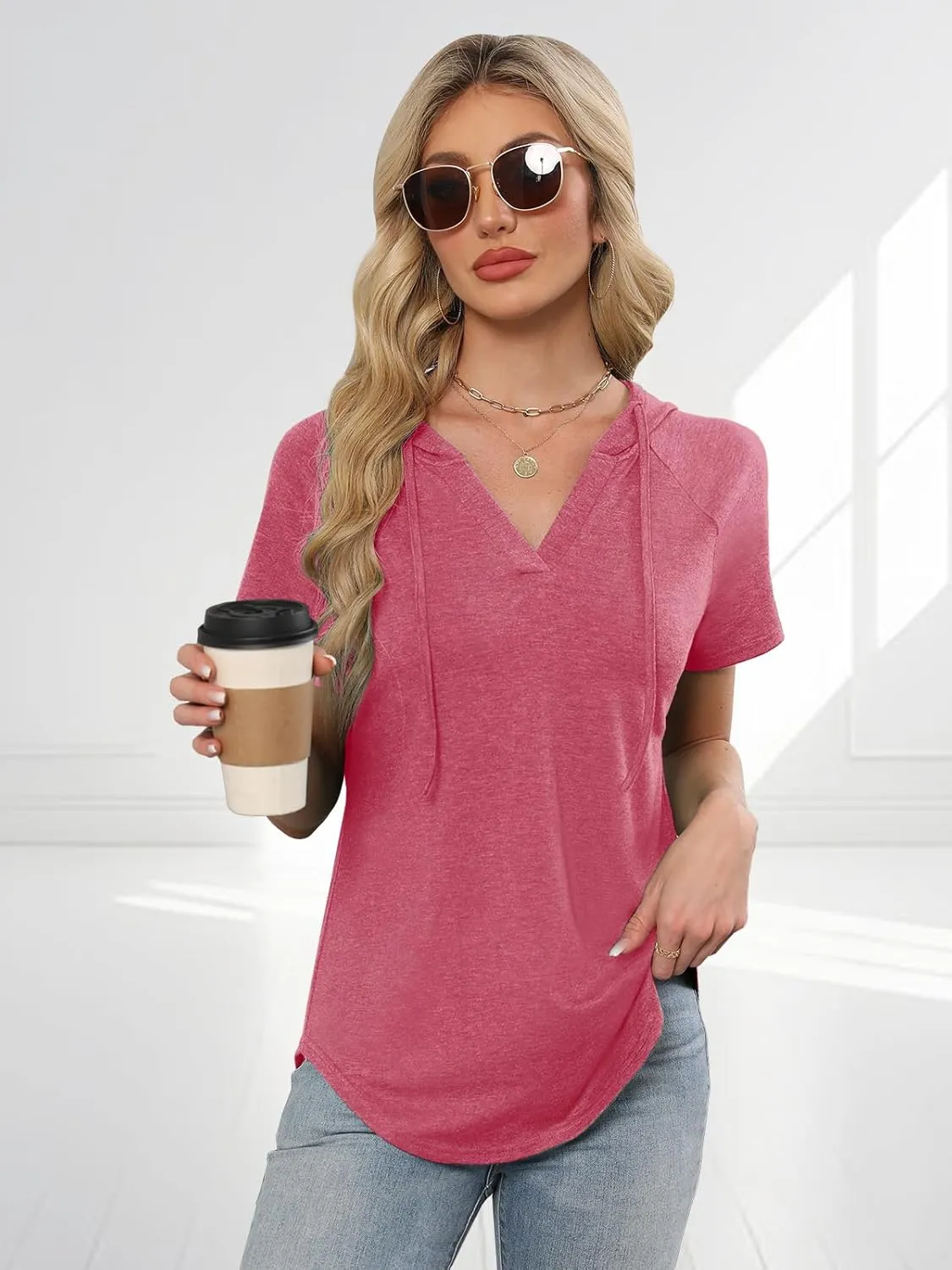 Womens Summer Tops Fashion Short Sleeve Hoodie Shirts Casual Loose Tunic Sweatshirts
