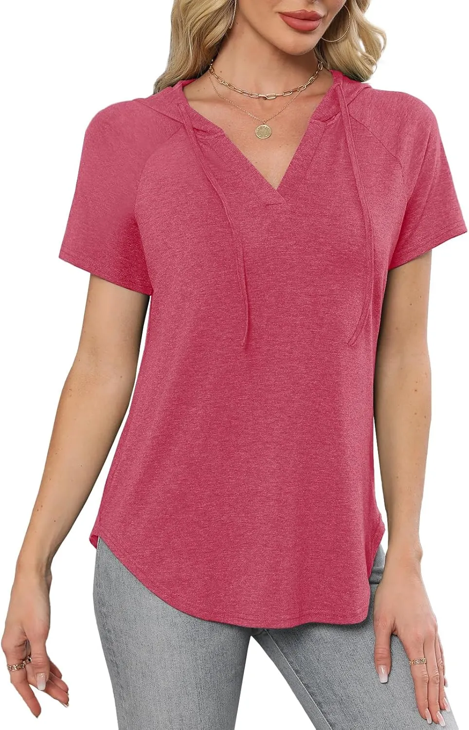 Womens Summer Tops Fashion Short Sleeve Hoodie Shirts Casual Loose Tunic Sweatshirts