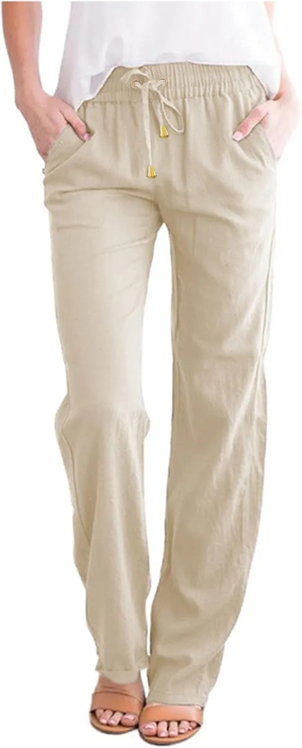 Women's Summer Trousers Linen Cotton Drawstring Elastic Waist Pants Casual Baggy Straight Solid Lounge Pants with Pockets