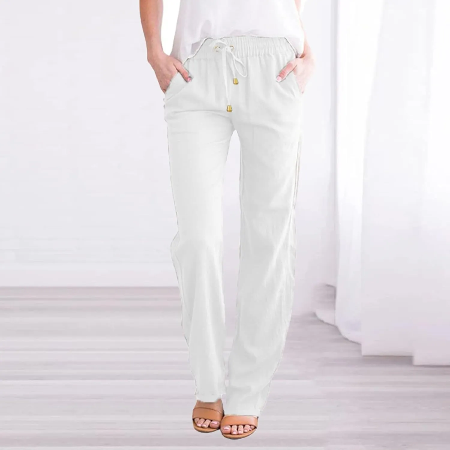 Women's Summer Trousers Linen Cotton Drawstring Elastic Waist Pants Casual Baggy Straight Solid Lounge Pants with Pockets