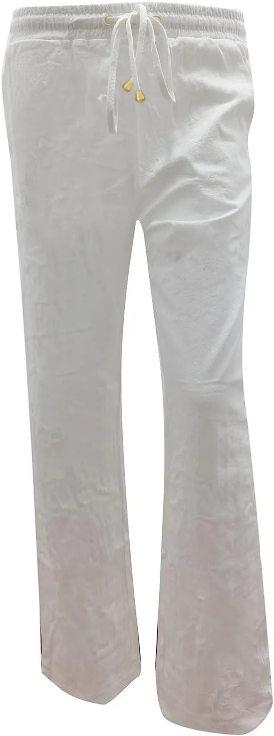 Women's Summer Trousers Linen Cotton Drawstring Elastic Waist Pants Casual Baggy Straight Solid Lounge Pants with Pockets