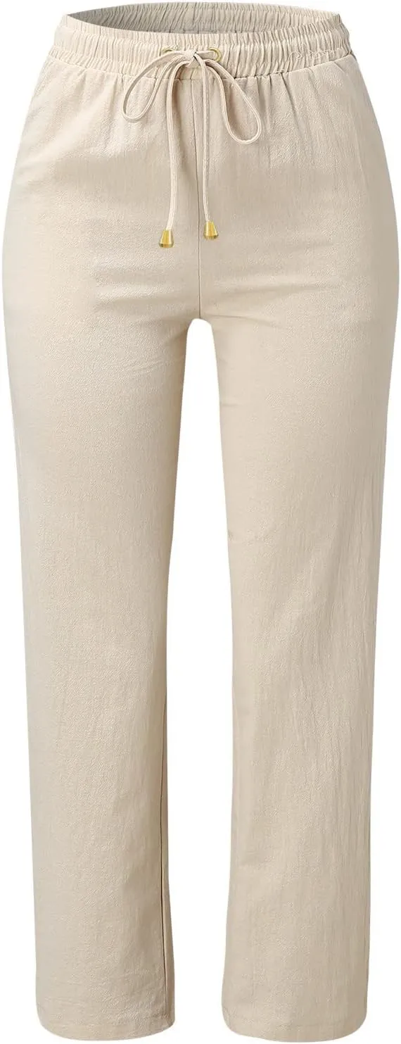 Women's Summer Trousers Linen Cotton Drawstring Elastic Waist Pants Casual Baggy Straight Solid Lounge Pants with Pockets