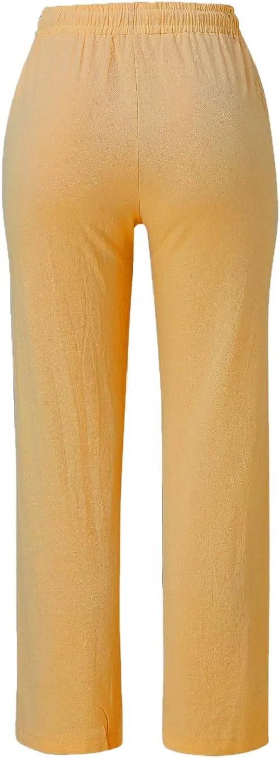 Women's Summer Trousers Linen Cotton Drawstring Elastic Waist Pants Casual Baggy Straight Solid Lounge Pants with Pockets