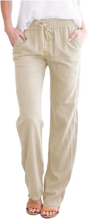 Women's Summer Trousers Linen Cotton Drawstring Elastic Waist Pants Casual Baggy Straight Solid Lounge Pants with Pockets