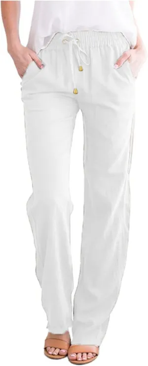 Women's Summer Trousers Linen Cotton Drawstring Elastic Waist Pants Casual Baggy Straight Solid Lounge Pants with Pockets