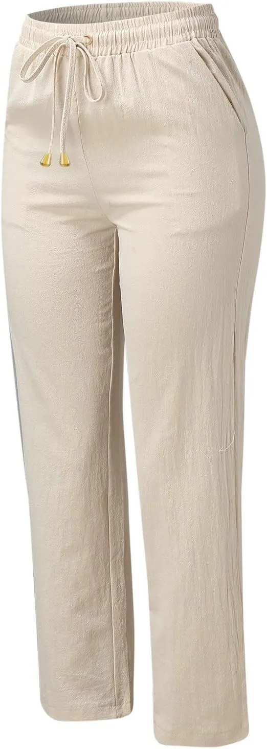 Women's Summer Trousers Linen Cotton Drawstring Elastic Waist Pants Casual Baggy Straight Solid Lounge Pants with Pockets