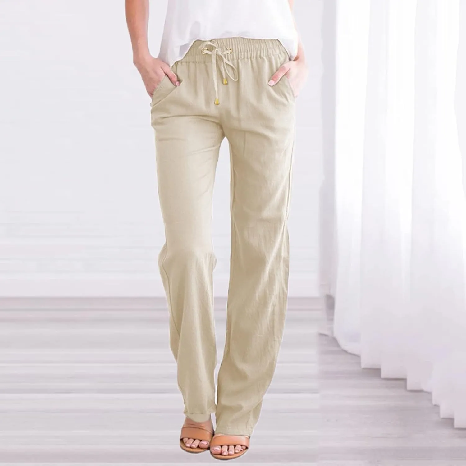 Women's Summer Trousers Linen Cotton Drawstring Elastic Waist Pants Casual Baggy Straight Solid Lounge Pants with Pockets