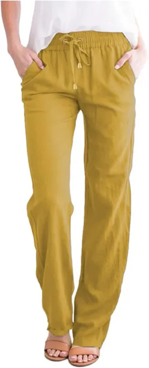 Women's Summer Trousers Linen Cotton Drawstring Elastic Waist Pants Casual Baggy Straight Solid Lounge Pants with Pockets