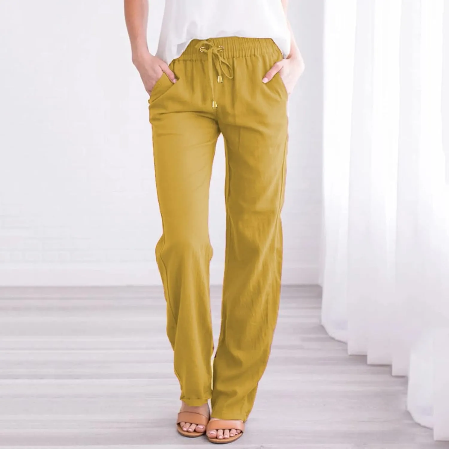 Women's Summer Trousers Linen Cotton Drawstring Elastic Waist Pants Casual Baggy Straight Solid Lounge Pants with Pockets