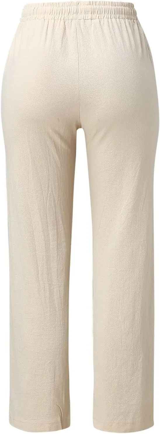 Women's Summer Trousers Linen Cotton Drawstring Elastic Waist Pants Casual Baggy Straight Solid Lounge Pants with Pockets