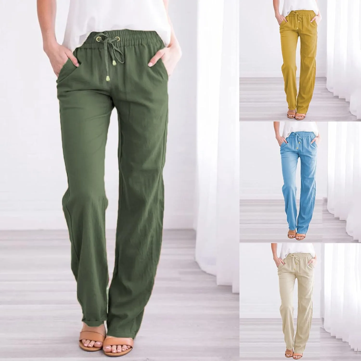 Women's Summer Trousers Linen Cotton Drawstring Elastic Waist Pants Casual Baggy Straight Solid Lounge Pants with Pockets
