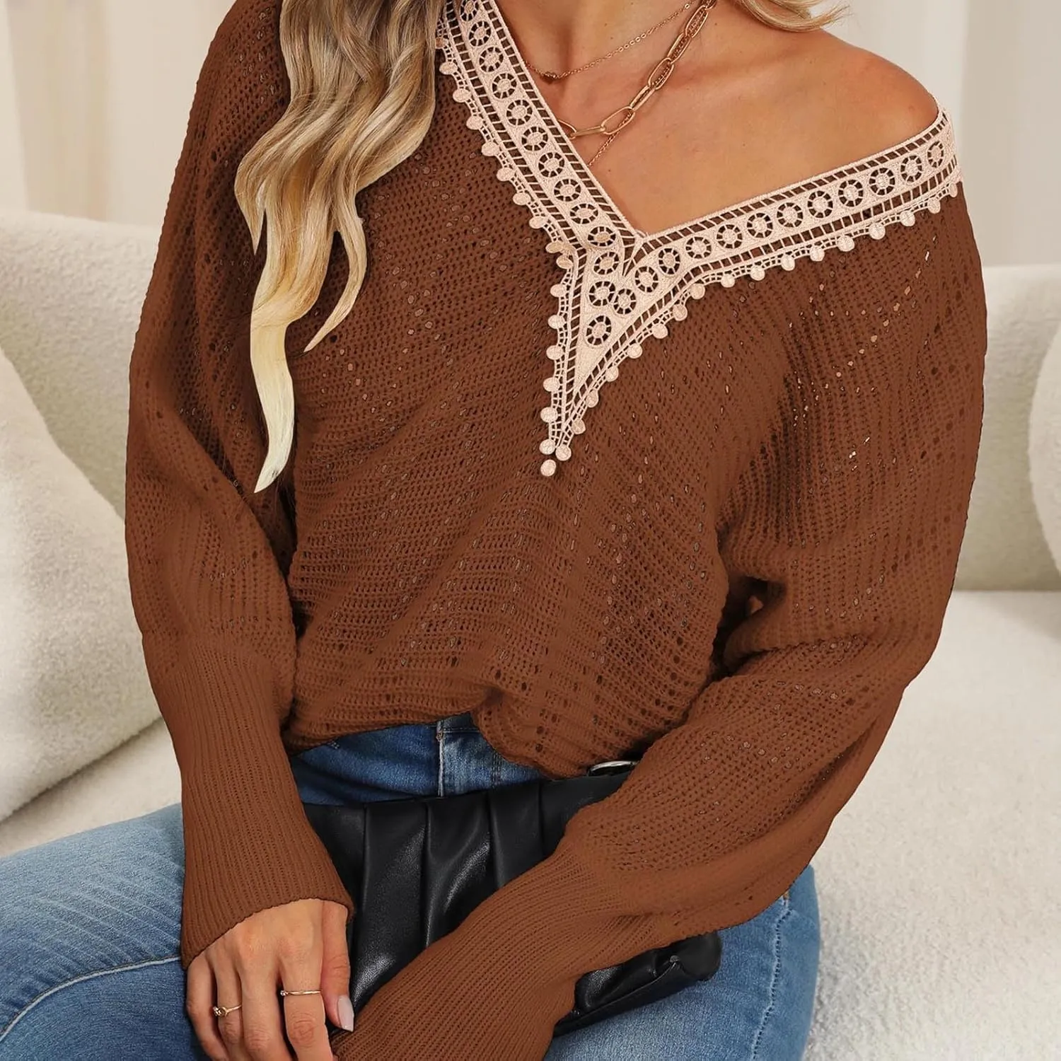 Women's Sweater 2024 Fall Casual Knit Long Sleeve Loose Pullover V Neck Lace Hollow Out Tops Trendy Cute Daily