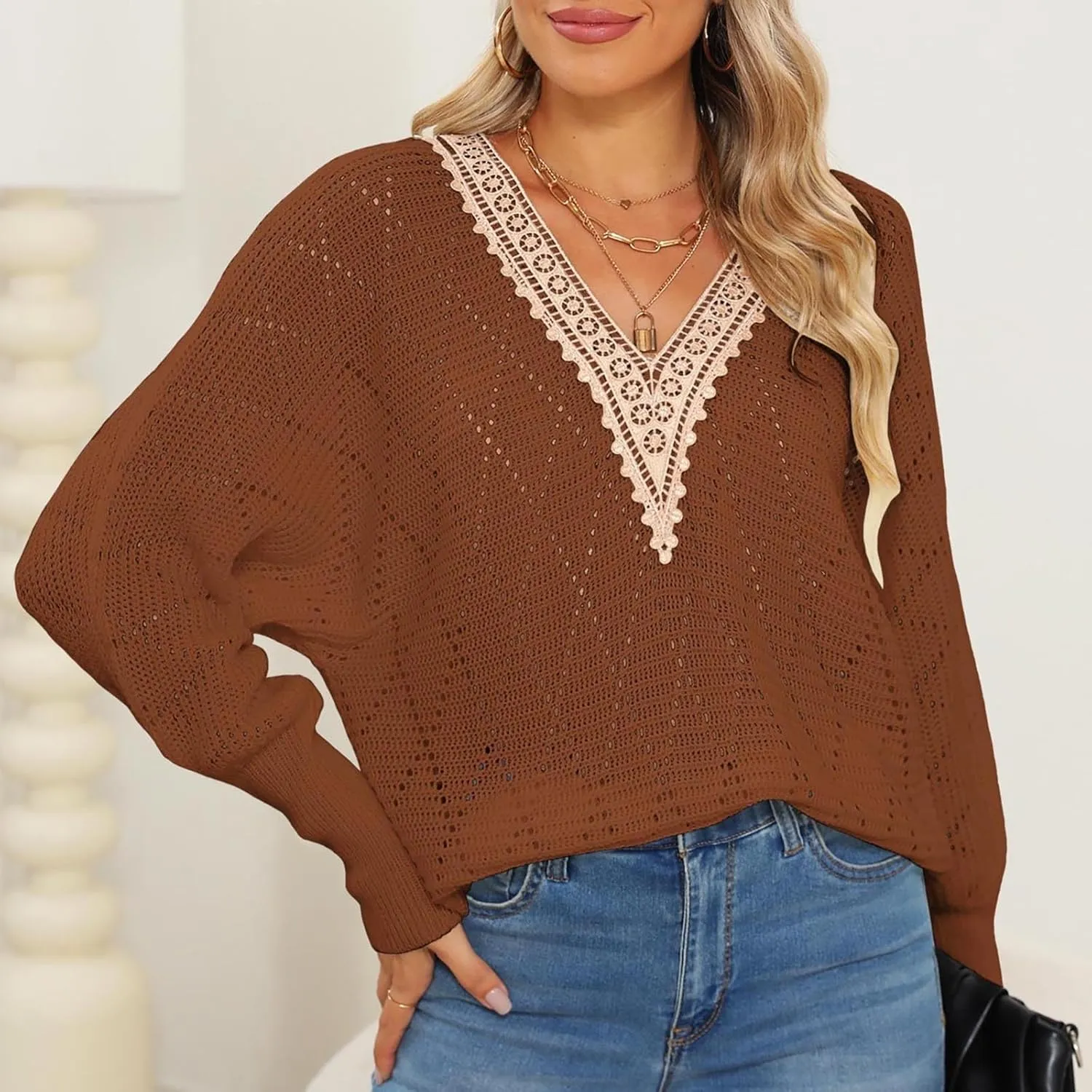 Women's Sweater 2024 Fall Casual Knit Long Sleeve Loose Pullover V Neck Lace Hollow Out Tops Trendy Cute Daily