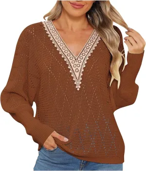 Women's Sweater 2024 Fall Casual Knit Long Sleeve Loose Pullover V Neck Lace Hollow Out Tops Trendy Cute Daily