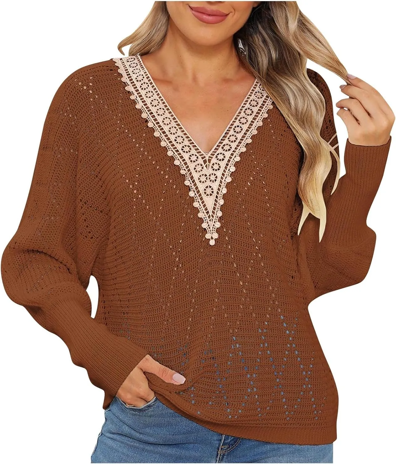 Women's Sweater 2024 Fall Casual Knit Long Sleeve Loose Pullover V Neck Lace Hollow Out Tops Trendy Cute Daily