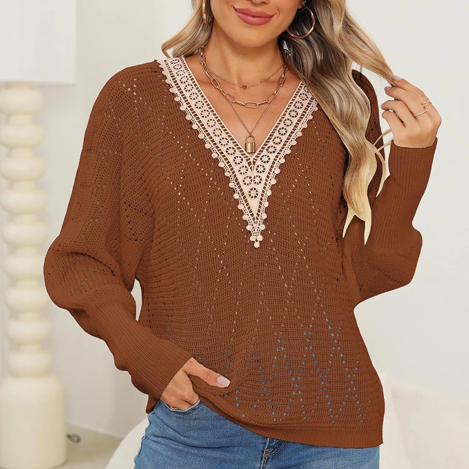 Women's Sweater 2024 Fall Casual Knit Long Sleeve Loose Pullover V Neck Lace Hollow Out Tops Trendy Cute Daily