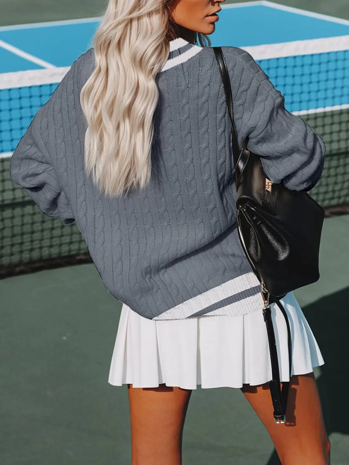 Womens V Neck Oversized Sweaters Long Sleeve Cable Knit Pullover Striped Chunky Sweater Casual Tennis Tunic Tops
