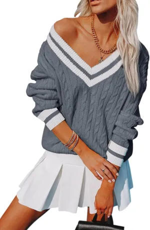 Womens V Neck Oversized Sweaters Long Sleeve Cable Knit Pullover Striped Chunky Sweater Casual Tennis Tunic Tops