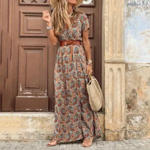 Women’s V-Neck Short Sleeve Paisley Print Bohemian Maxi Dress in 2 Colors S-3XL