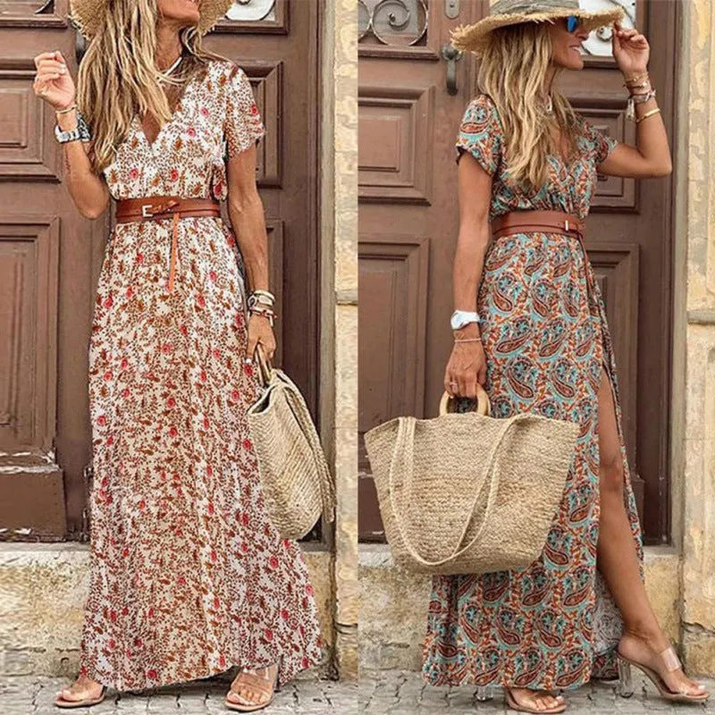 Women’s V-Neck Short Sleeve Paisley Print Bohemian Maxi Dress in 2 Colors S-3XL