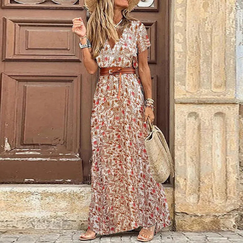 Women’s V-Neck Short Sleeve Paisley Print Bohemian Maxi Dress in 2 Colors S-3XL