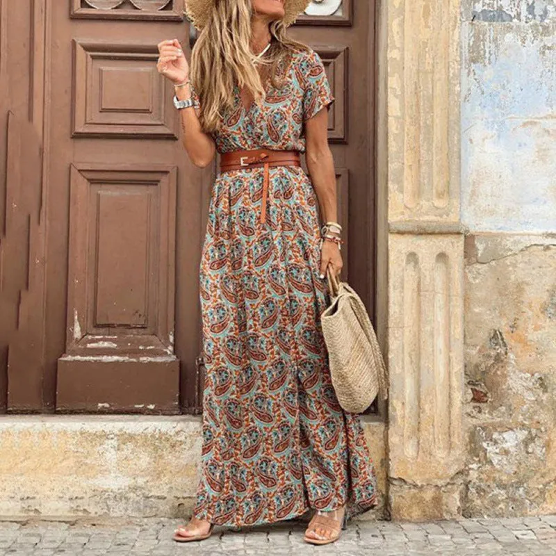 Women’s V-Neck Short Sleeve Paisley Print Bohemian Maxi Dress in 2 Colors S-3XL