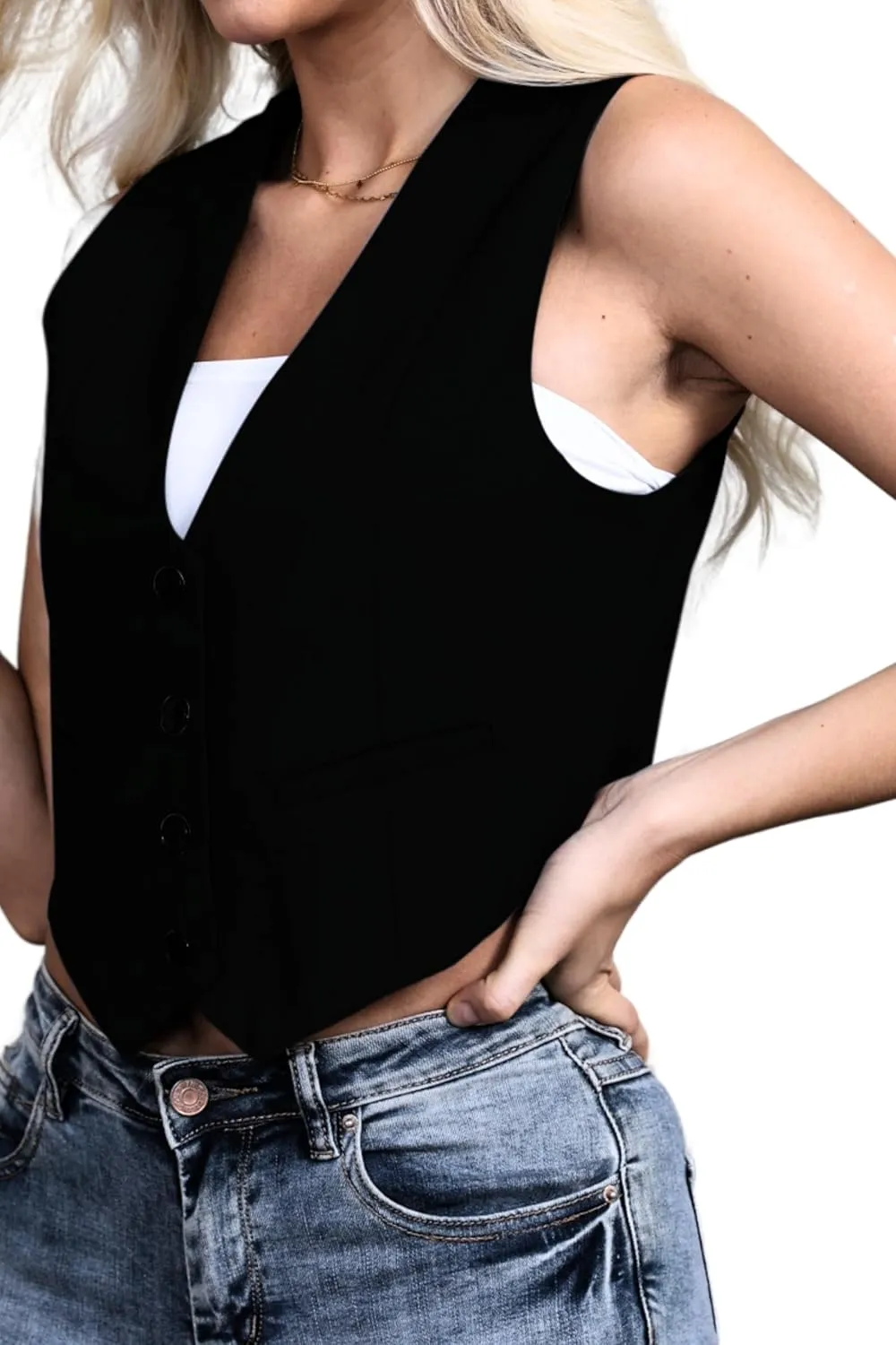 Women's Vest V Neck Sleeveless Button Down Blazer Jacket Waistcoat Casual Slim Fit Dressy Tank Tops