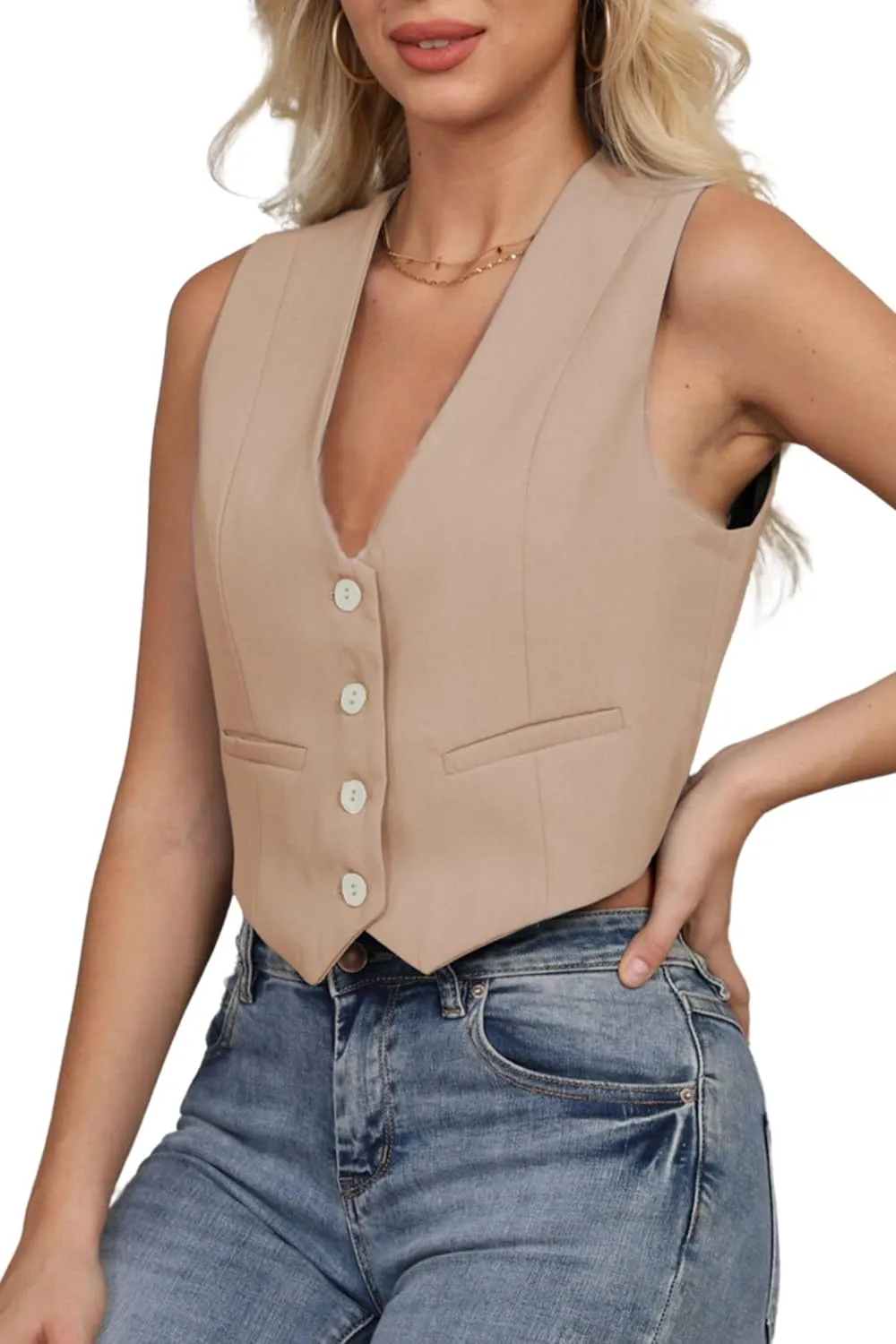 Women's Vest V Neck Sleeveless Button Down Blazer Jacket Waistcoat Casual Slim Fit Dressy Tank Tops