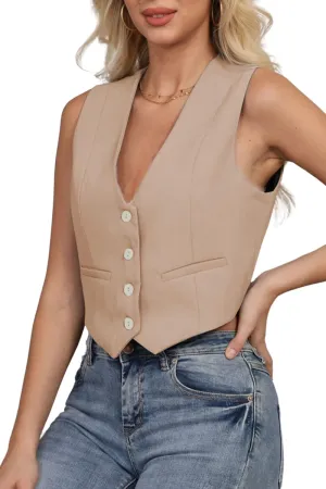 Women's Vest V Neck Sleeveless Button Down Blazer Jacket Waistcoat Casual Slim Fit Dressy Tank Tops