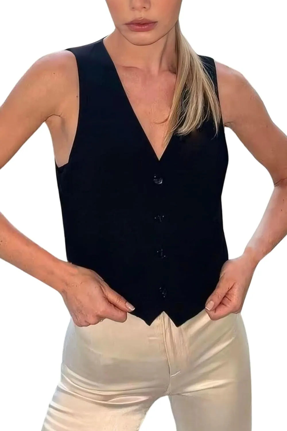 Women's Vest V Neck Sleeveless Button Down Blazer Jacket Waistcoat Casual Slim Fit Dressy Tank Tops