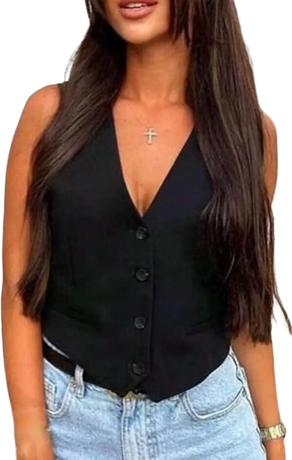 Women's Vest V Neck Sleeveless Button Down Blazer Jacket Waistcoat Casual Slim Fit Dressy Tank Tops