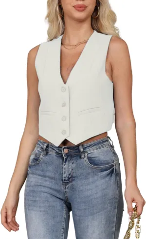 Women's Vest V Neck Sleeveless Button Down Blazer Jacket Waistcoat Casual Slim Fit Dressy Tank Tops