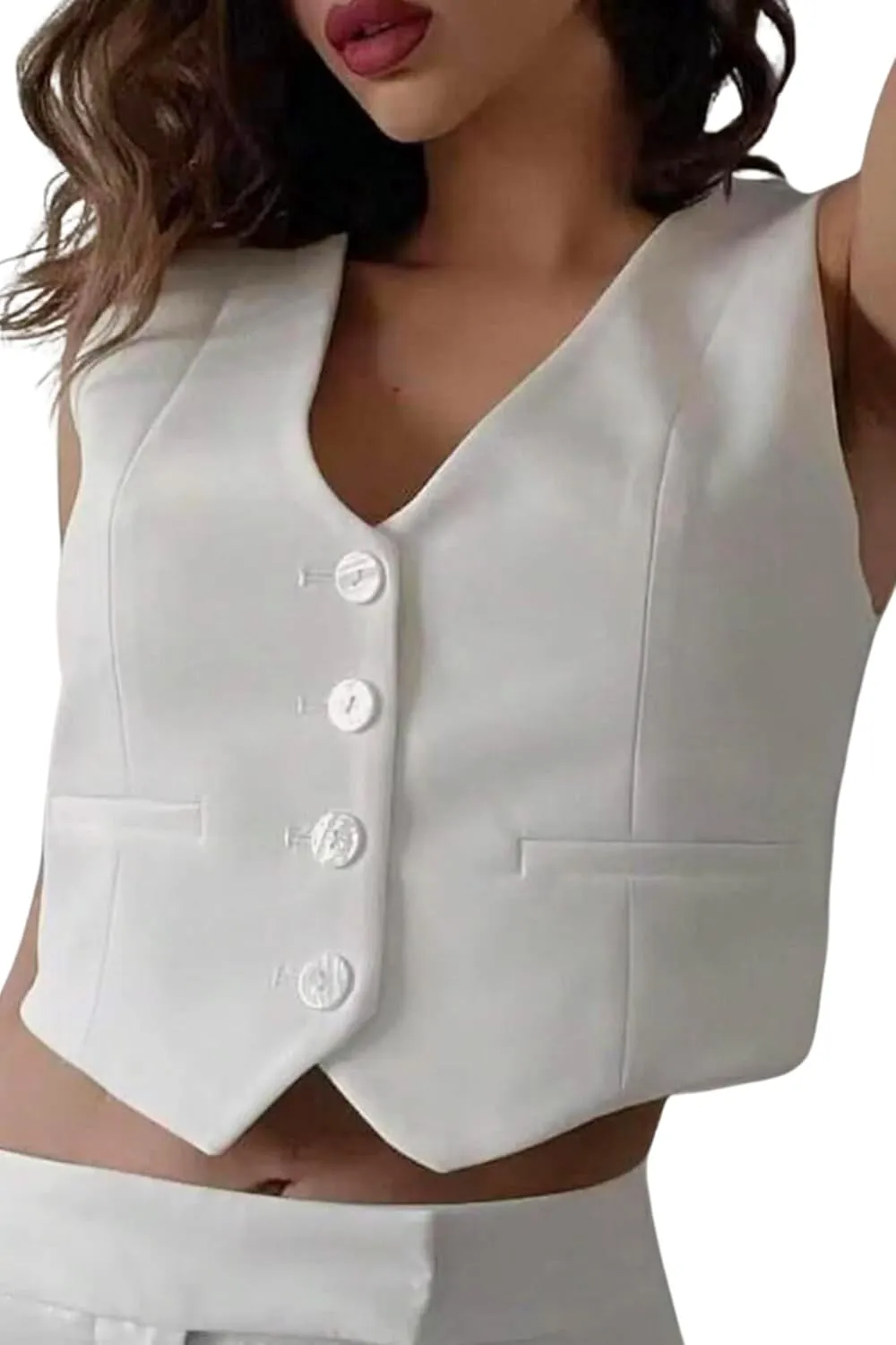 Women's Vest V Neck Sleeveless Button Down Blazer Jacket Waistcoat Casual Slim Fit Dressy Tank Tops
