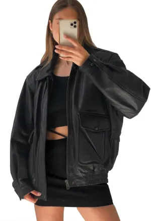 Womens Vintage 90S Genuine Leather Oversize Retro style Bomber Jacket