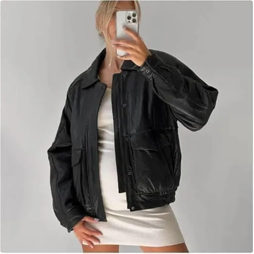 Womens Vintage 90S Genuine Leather Oversize Retro style Bomber Jacket
