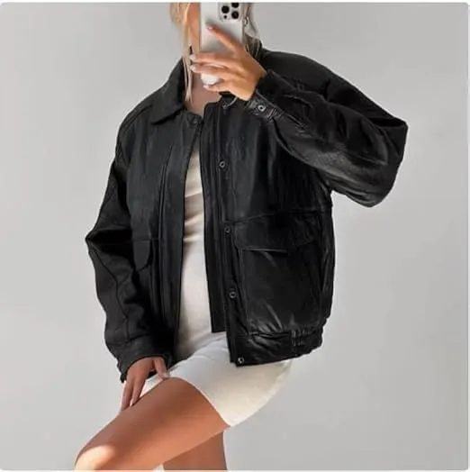 Womens Vintage 90S Genuine Leather Oversize Retro style Bomber Jacket