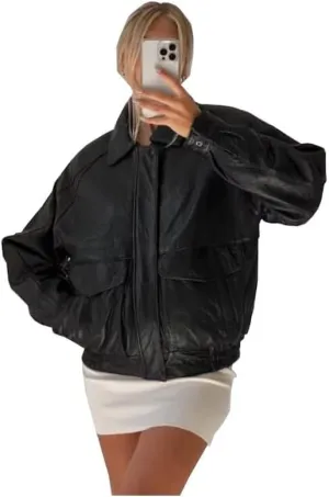 Womens Vintage 90S Genuine Leather Oversize Retro style Bomber Jacket