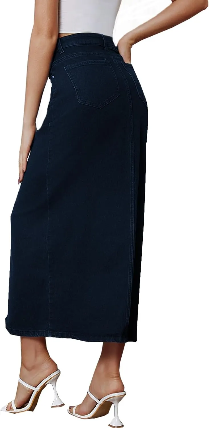 Women's Vintage Denim Long Skirt A-Line High Waisted Front Slit Casual Maxi Jean Skirt