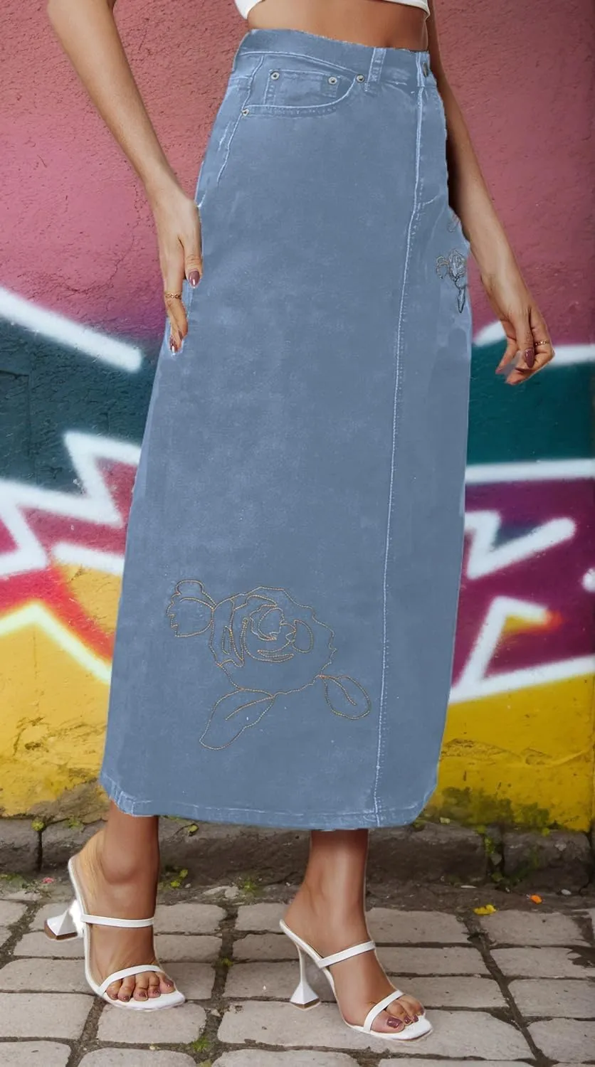 Women's Vintage Denim Long Skirt A-Line High Waisted Front Slit Casual Maxi Jean Skirt