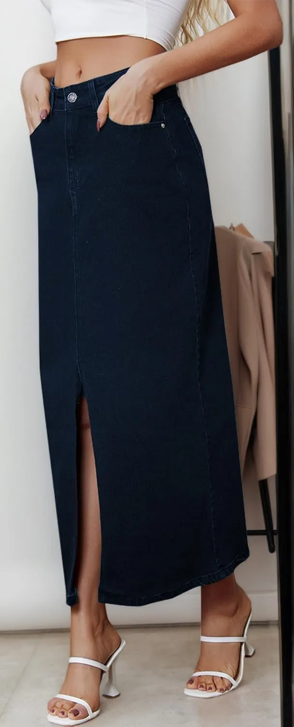 Women's Vintage Denim Long Skirt A-Line High Waisted Front Slit Casual Maxi Jean Skirt