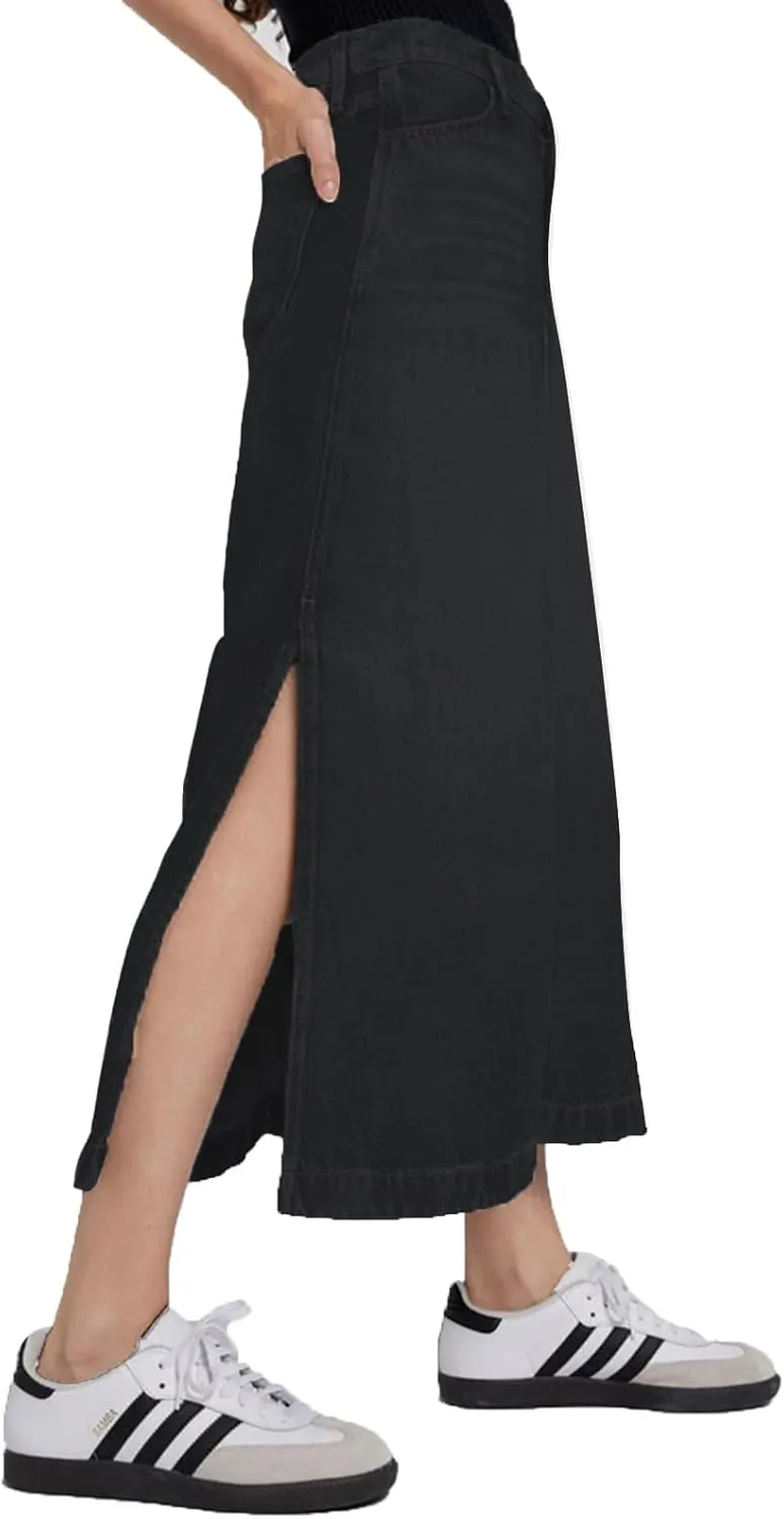 Women's Vintage Denim Long Skirt A-Line High Waisted Front Slit Casual Maxi Jean Skirt