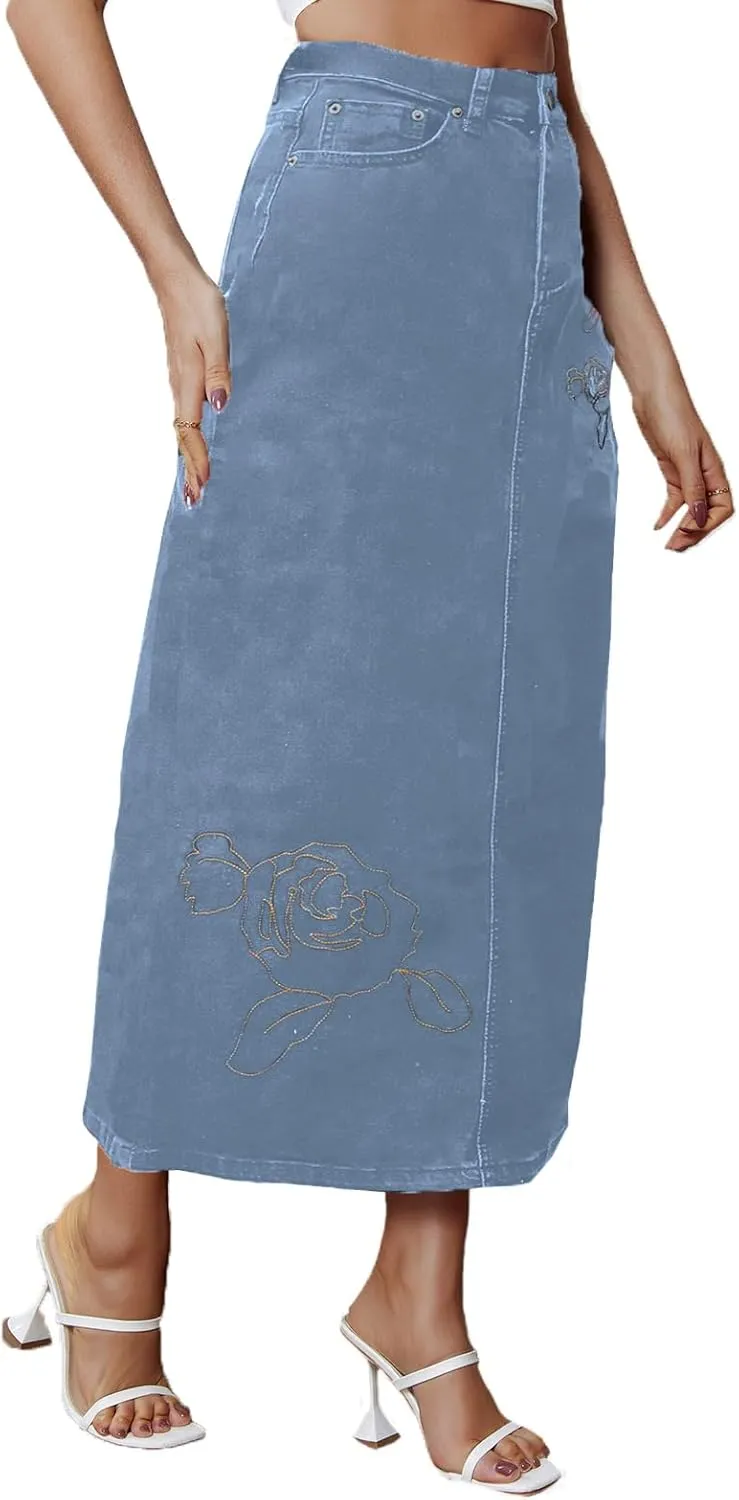 Women's Vintage Denim Long Skirt A-Line High Waisted Front Slit Casual Maxi Jean Skirt