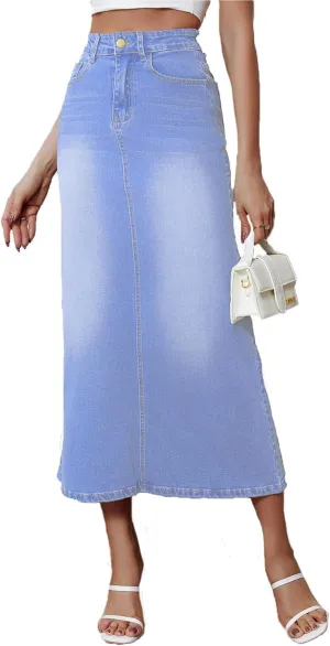 Women's Vintage Denim Long Skirt A-Line High Waisted Front Slit Casual Maxi Jean Skirt