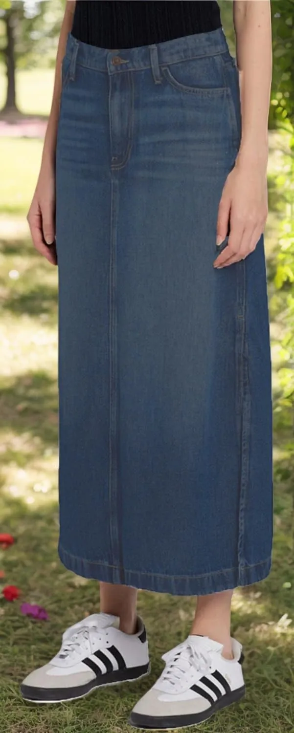 Women's Vintage Denim Long Skirt A-Line High Waisted Front Slit Casual Maxi Jean Skirt