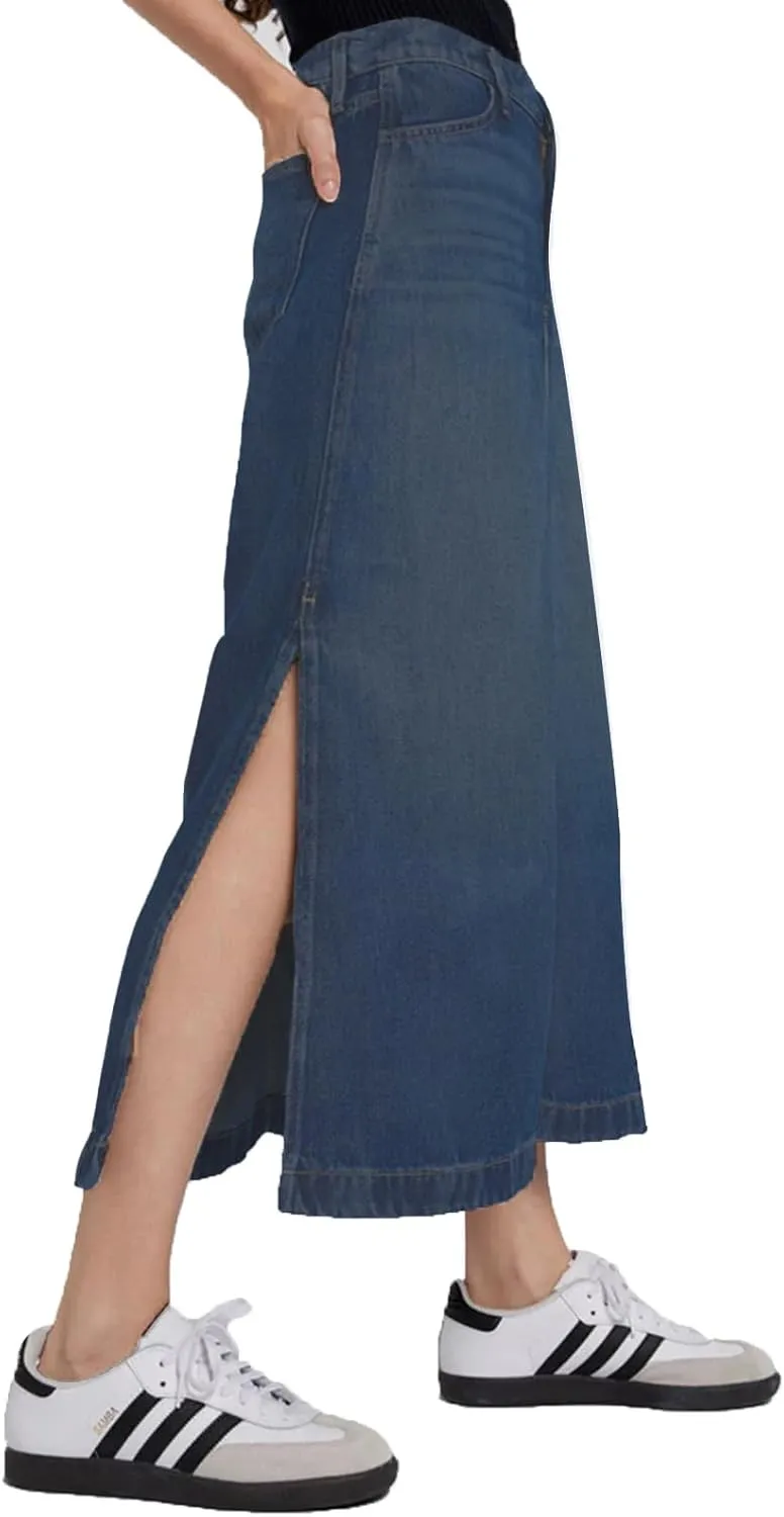 Women's Vintage Denim Long Skirt A-Line High Waisted Front Slit Casual Maxi Jean Skirt