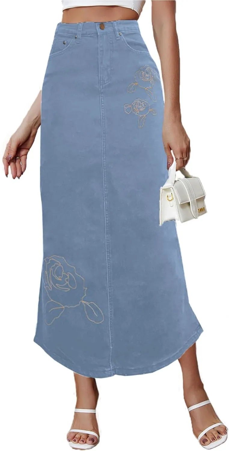 Women's Vintage Denim Long Skirt A-Line High Waisted Front Slit Casual Maxi Jean Skirt