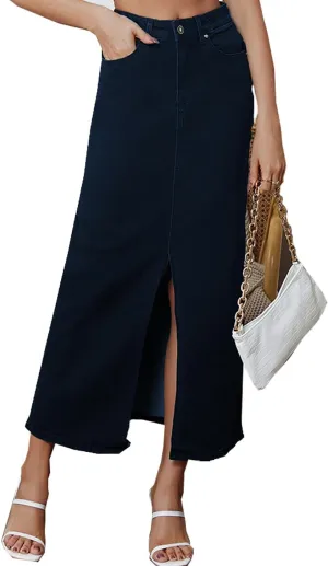 Women's Vintage Denim Long Skirt A-Line High Waisted Front Slit Casual Maxi Jean Skirt