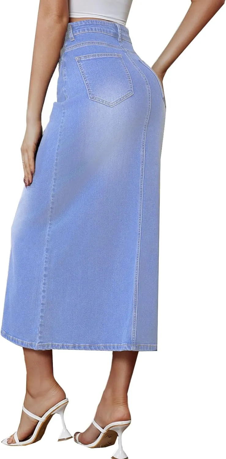 Women's Vintage Denim Long Skirt A-Line High Waisted Front Slit Casual Maxi Jean Skirt