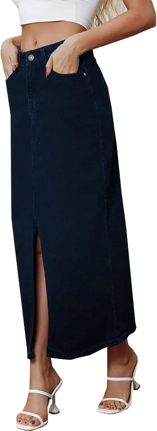 Women's Vintage Denim Long Skirt A-Line High Waisted Front Slit Casual Maxi Jean Skirt