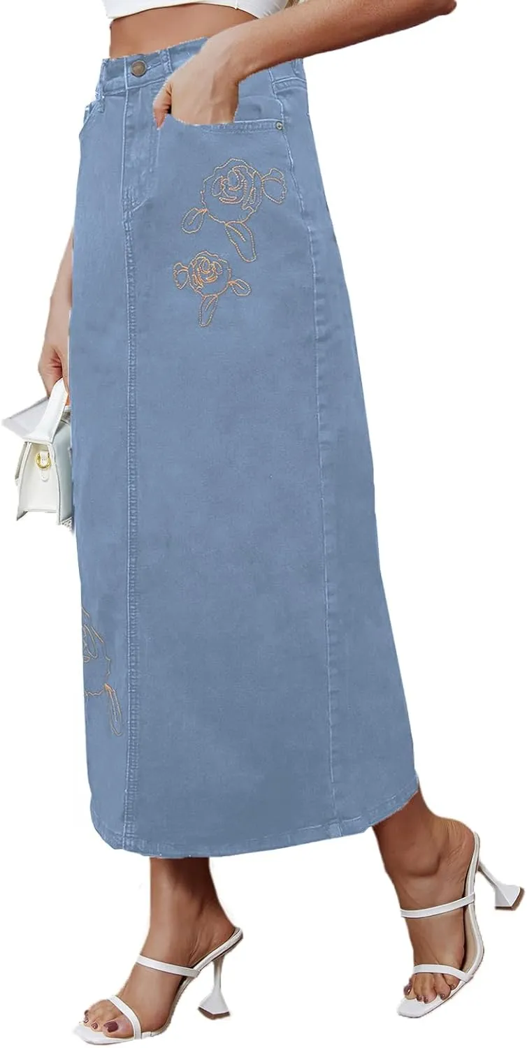 Women's Vintage Denim Long Skirt A-Line High Waisted Front Slit Casual Maxi Jean Skirt